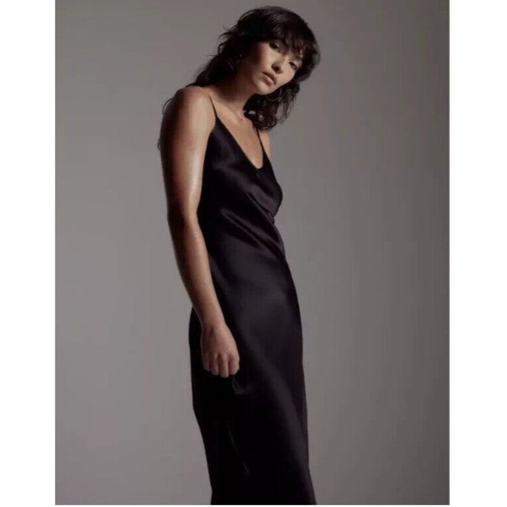Nordstrom Women Size XS Black Satin Ankle Length V Neck Slip Dress NEW No Tags